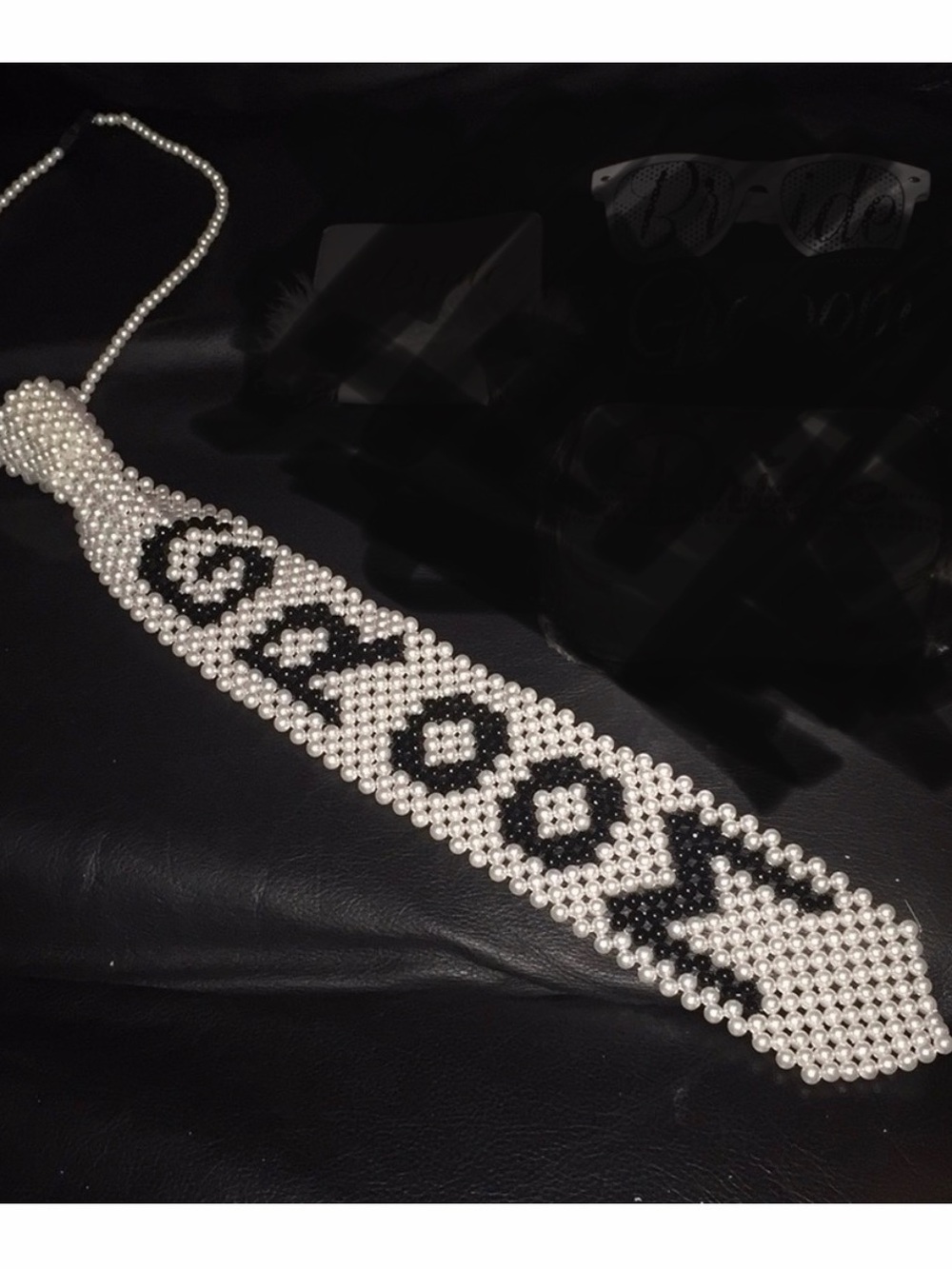 Beaded Pearl 'GROOM' Statement Tie - White & Black